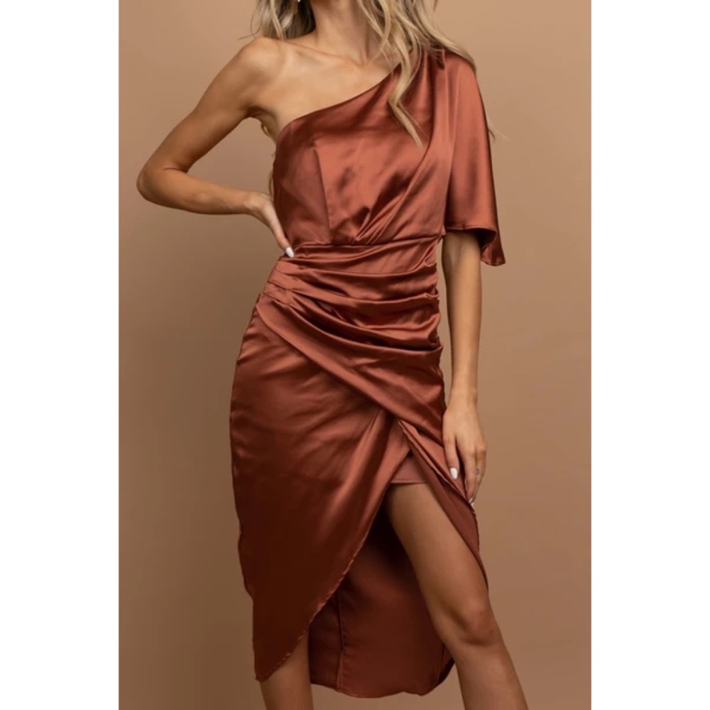 One Shoulder Satin Midi Dress